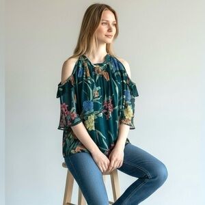 Anthro Current Air Teal Tropical Floral Cold Shoulder Blouse Resort Vaca Flowy